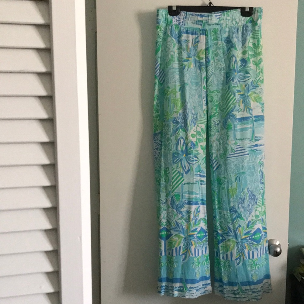 Lightweight Floral Wide-Leg Pants - Blue Green